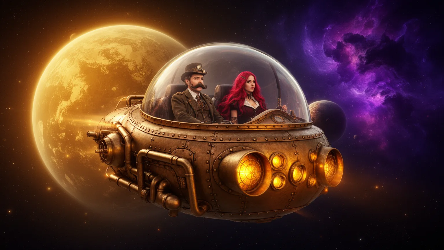 A large two-seater steampunk space vehicle with a brass and copper hull and a glass dome canopy, carrying a moustached male pilot in a top hat and a female pilot with long flowing crimson-red hair, flying past a warm amber-lit planet and a planet wrapped in violet nebula clouds